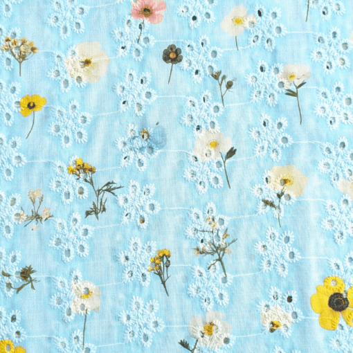 Blue Botanical Print Broderie Anglaise Cotton Fabric 130cm Wide