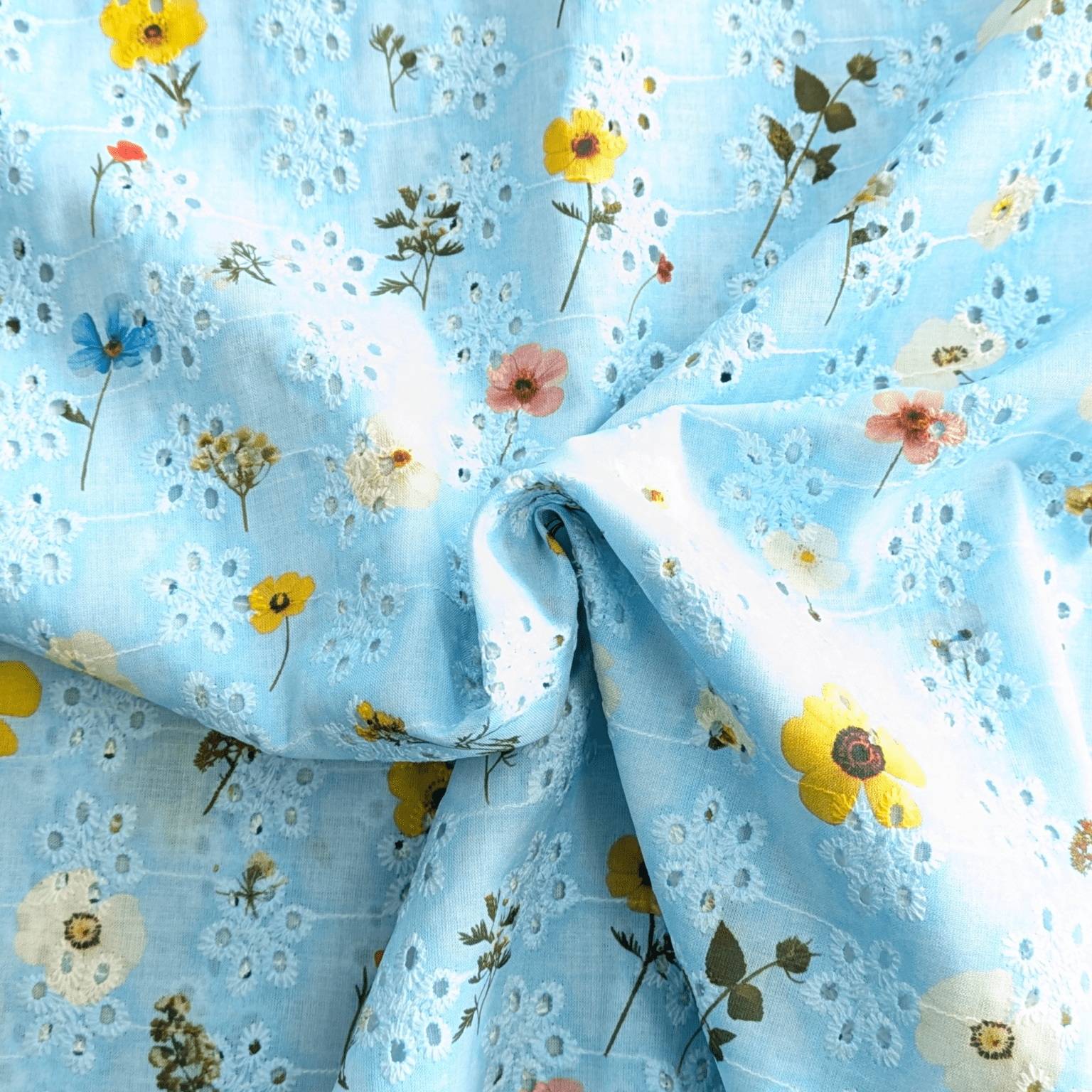 Blue Botanical Print Broderie Anglaise Cotton Fabric 130cm Wide