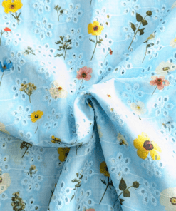 Blue Botanical Print Broderie Anglaise Cotton Fabric 130cm Wide