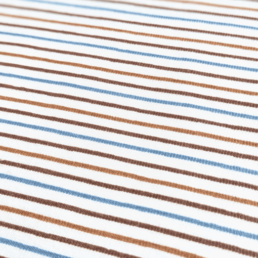 Fine Printed Stripe Browns & Teal On Cream Cotton Jersey Fabric 150cm Wide