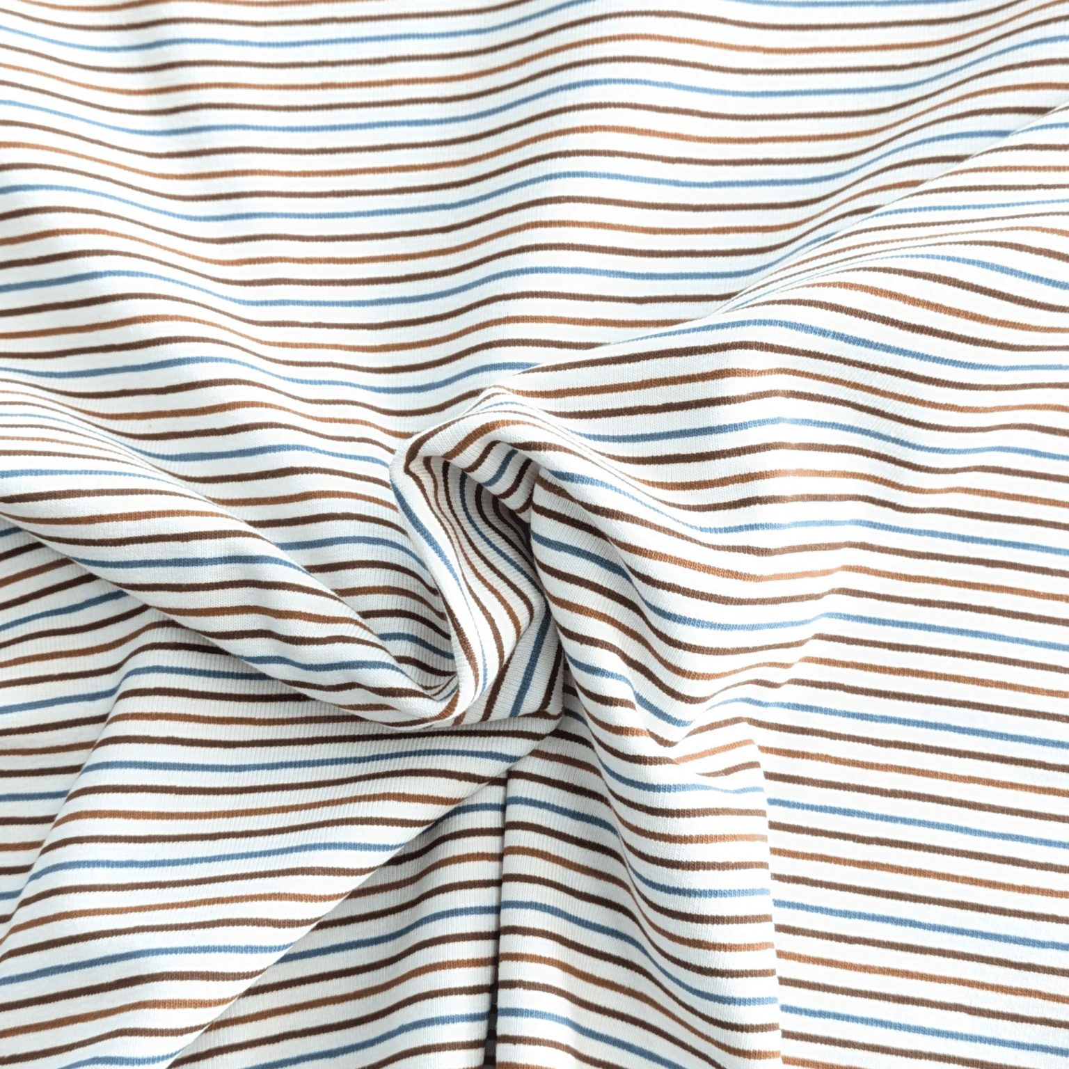 Fine Printed Stripe Browns & Teal On Cream Cotton Jersey Fabric 150cm Wide