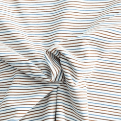 Fine Printed Stripe Browns & Teal On Cream Cotton Jersey Fabric 150cm Wide