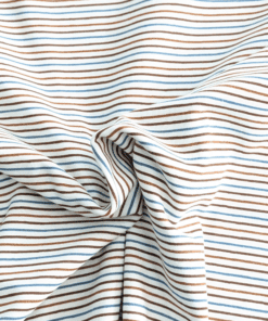 Fine Printed Stripe Browns & Teal On Cream Cotton Jersey Fabric 150cm Wide