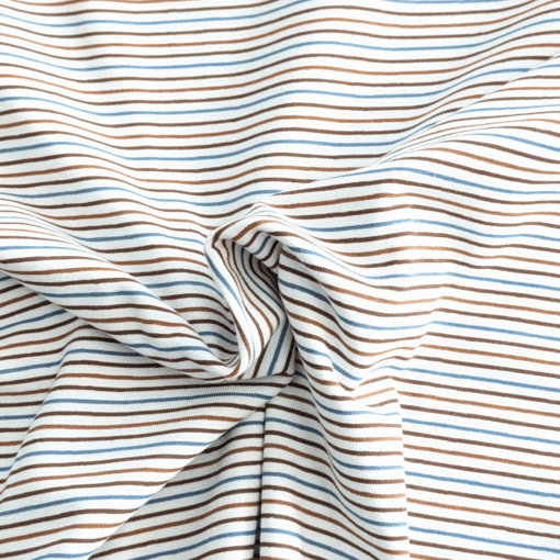 Fine Printed Stripe Browns & Teal On Cream Cotton Jersey Fabric 150cm Wide