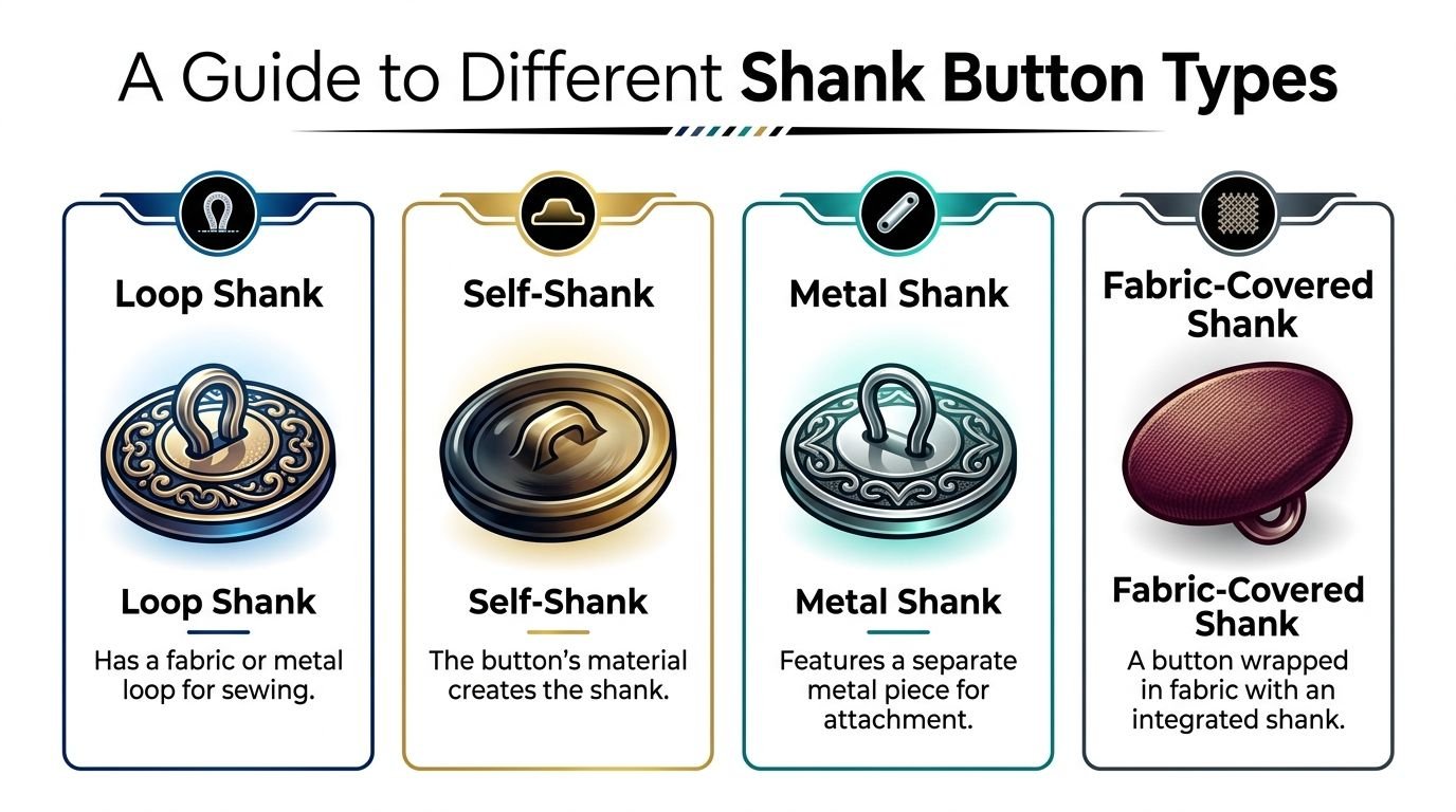 An educational guide illustrating four different types of shank buttons including loop, self-shank, metal, and fabric-covered buttons.