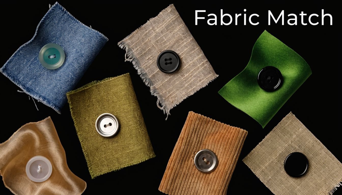 Several colorful fabric swatches with attached buttons displayed on a plain black background for a creative project.