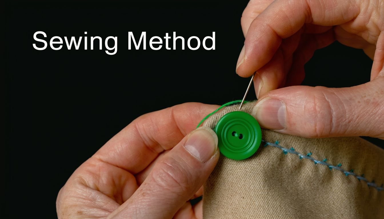 A close-up view of a hand sewing a green button onto tan fabric with a needle.
