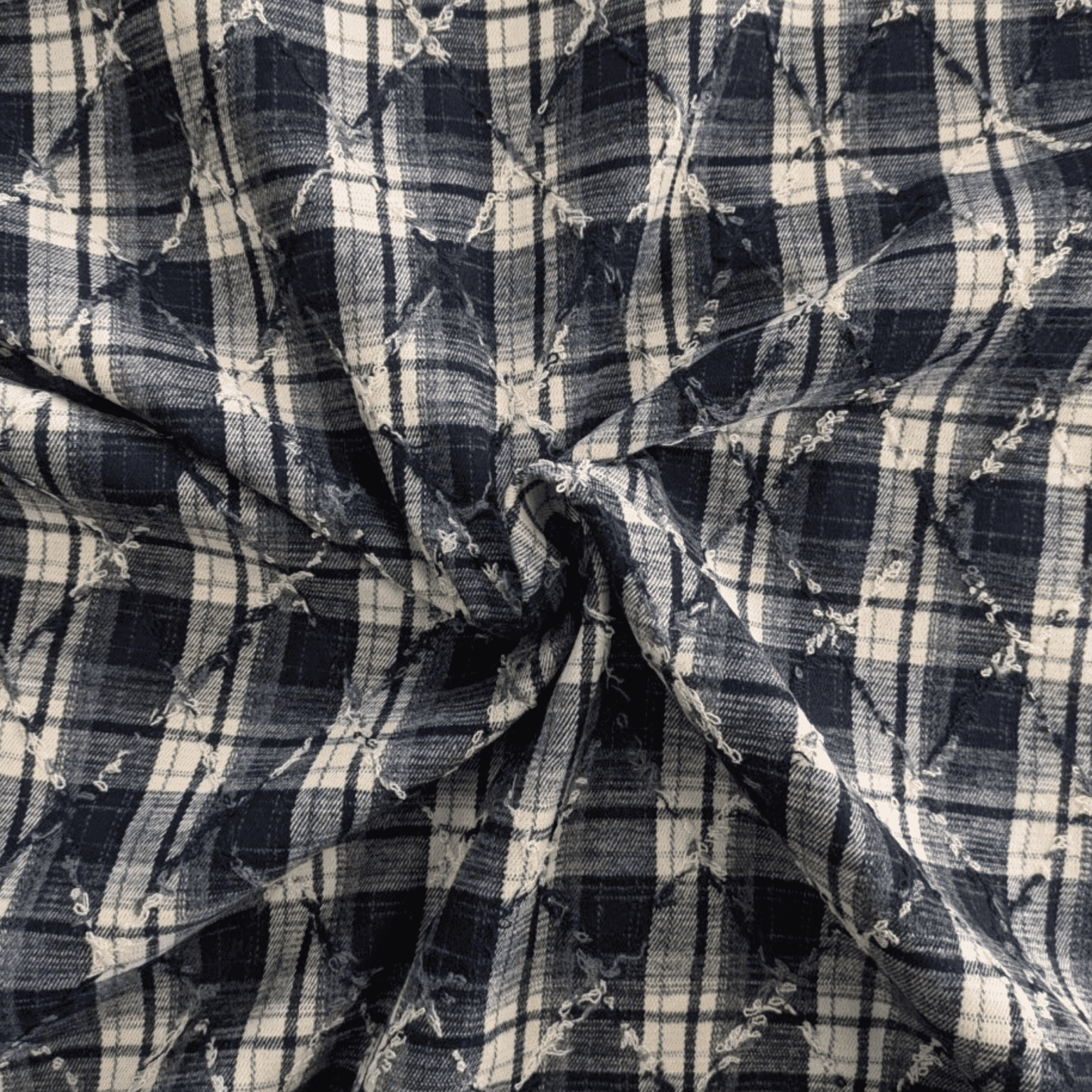 Yarn Dyed Checks In Navy & Cream Poly Viscose Fabric