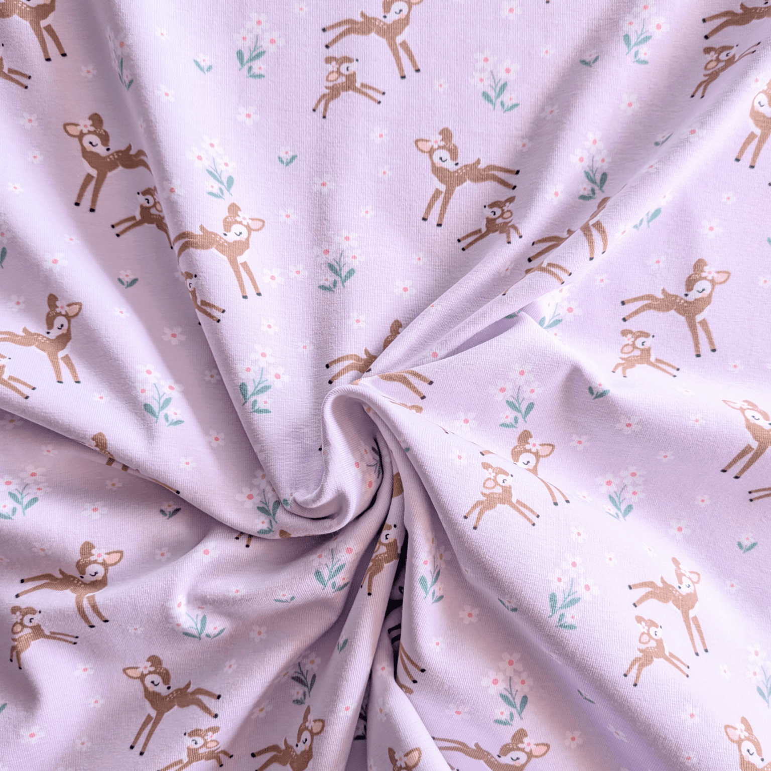 Deer And Flowers Lilac Cotton Jersey Fabric 150cm Wide