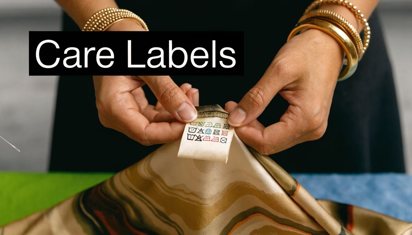 A pair of hands holds a fabric clothing label showing various care and cleaning instruction symbols.