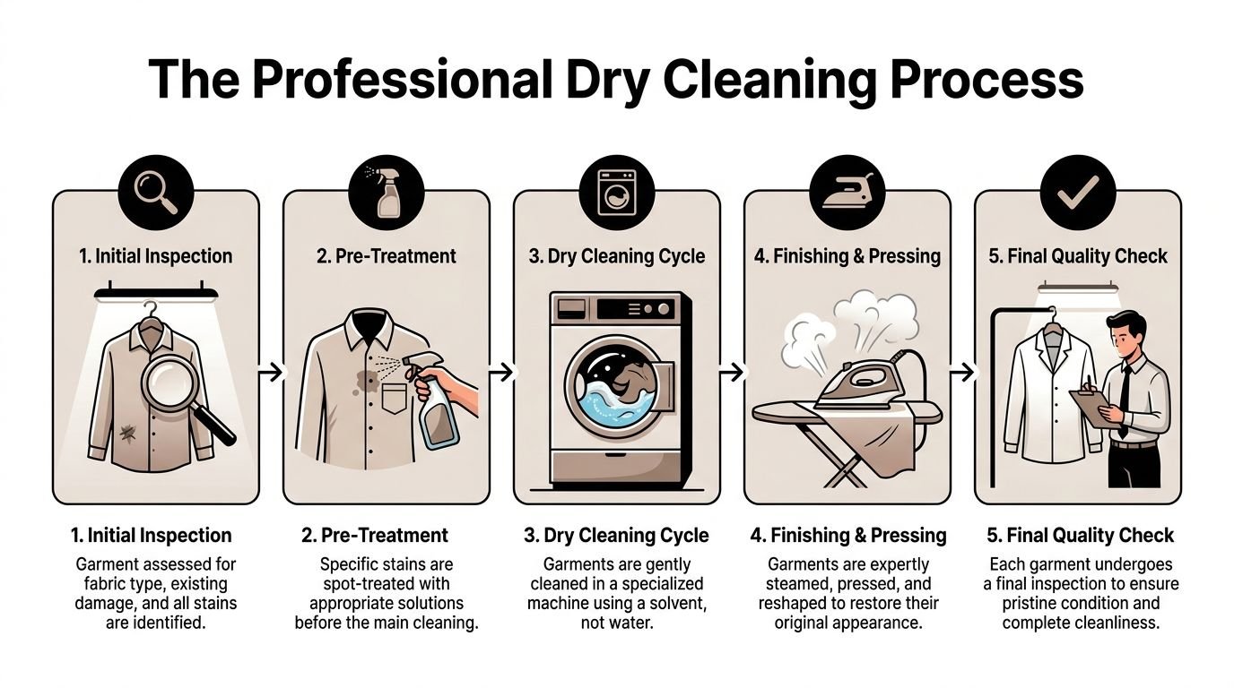 A five-step infographic showing the professional dry cleaning process from initial inspection to final quality check.