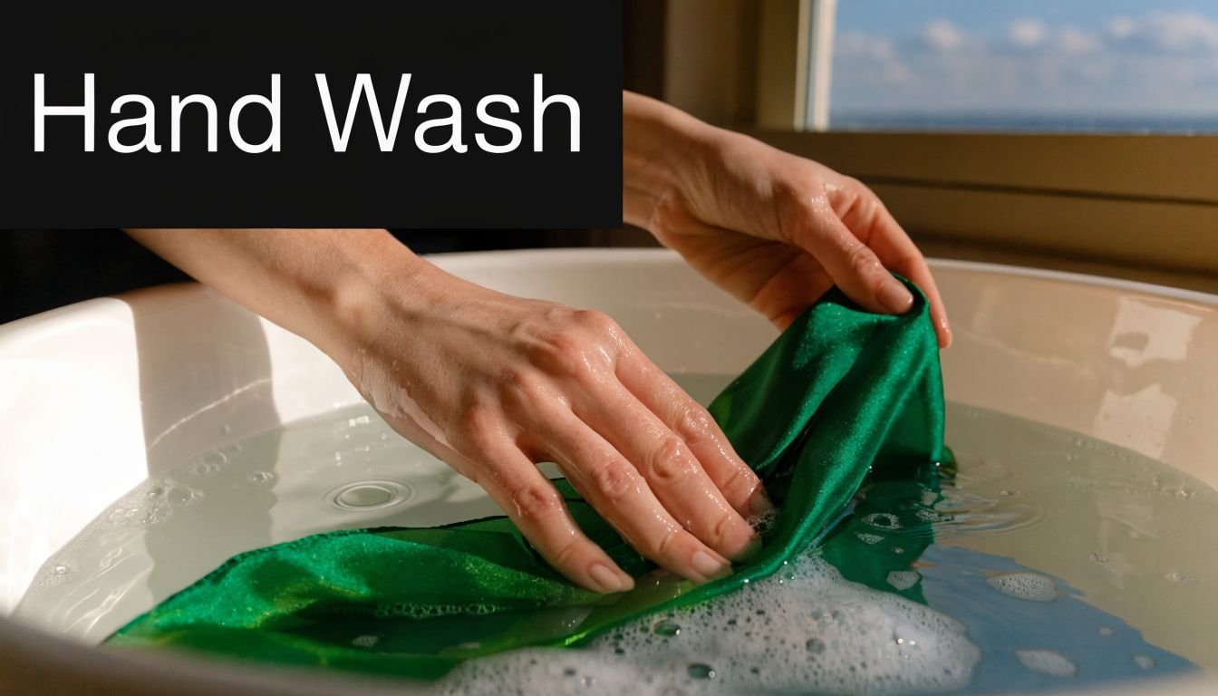 A person gently hand washing a green silk garment in a white basin with soapy water.
