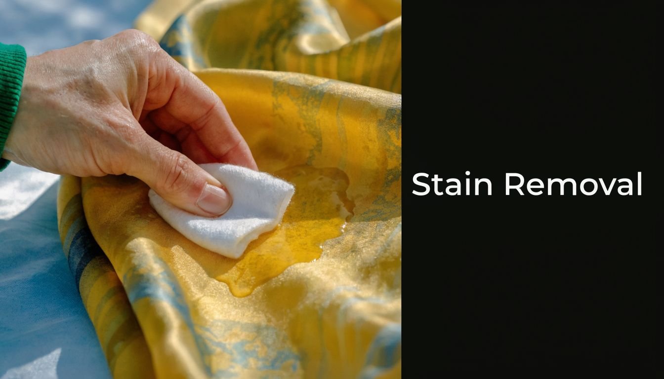 A person using a cotton pad to blot a fresh stain off a yellow silk fabric.