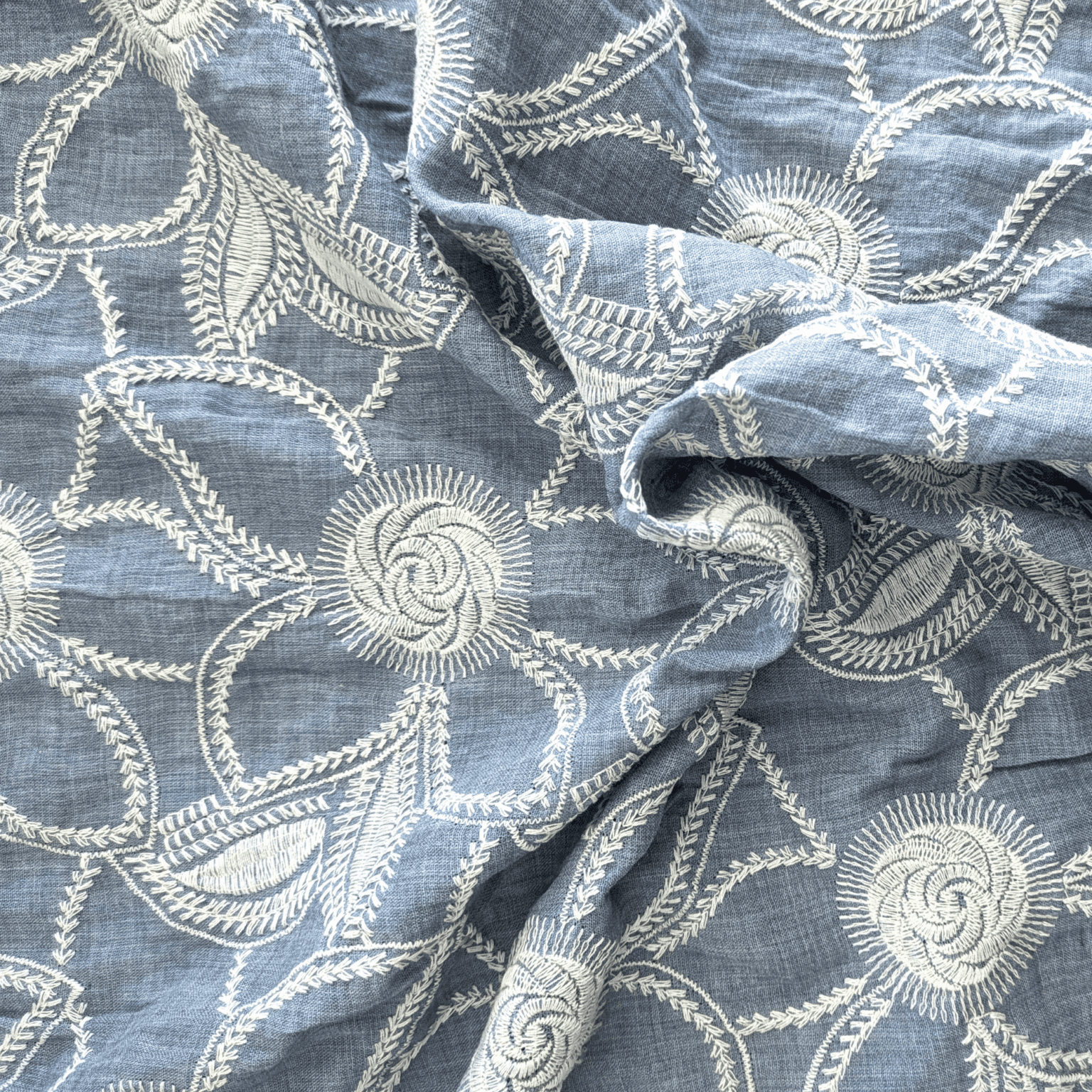 Floral Embroidered Cotton Chambray Fabric 132cm Wide