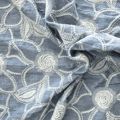 Floral Embroidered Cotton Chambray Fabric 132cm Wide