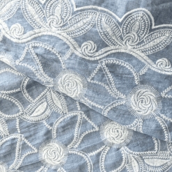 Floral Embroidered Cotton Chambray Fabric 132cm Wide