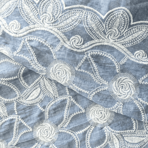 Floral Embroidered Cotton Chambray Fabric 132cm Wide