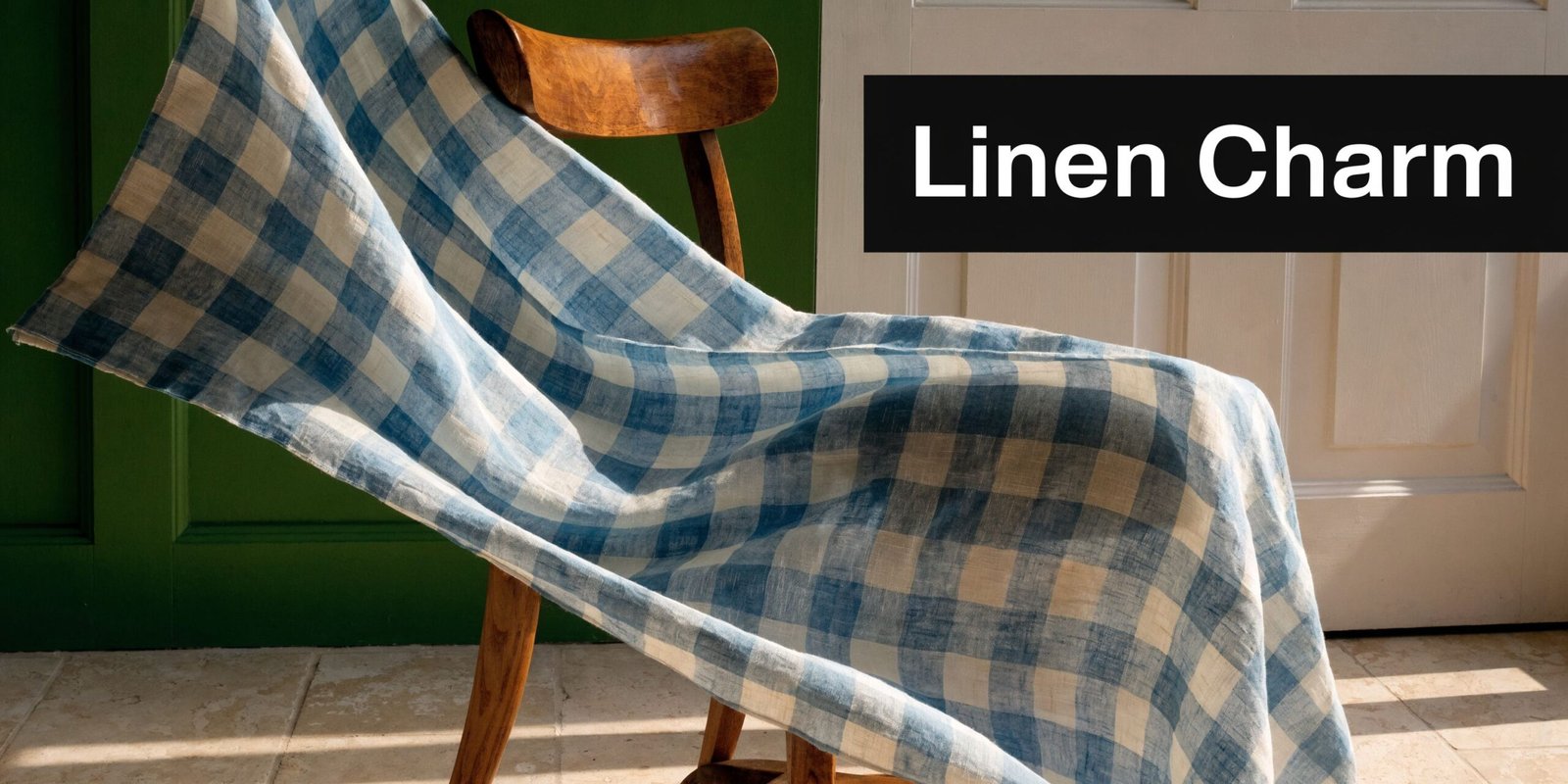 A blue and white gingham linen fabric draped elegantly over a rustic wooden chair in sunlight.