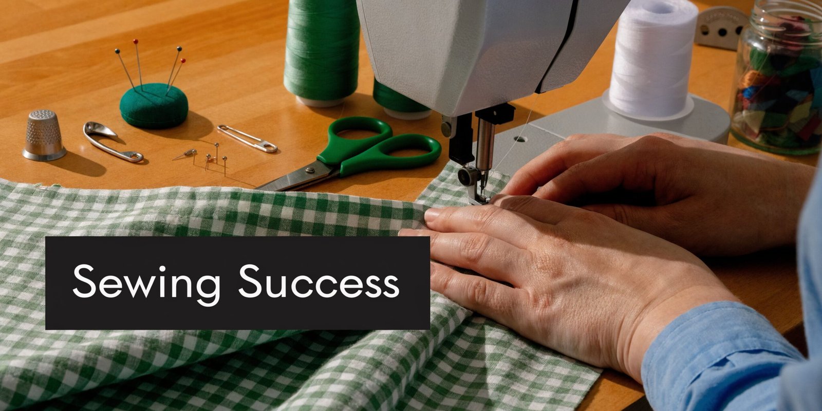 A pair of hands sewing a piece of green and white gingham fabric with a sewing machine.