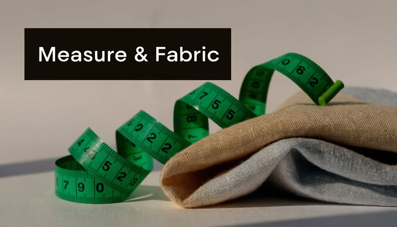 A green measuring tape coiled next to folded pieces of beige and light blue fabric on white.