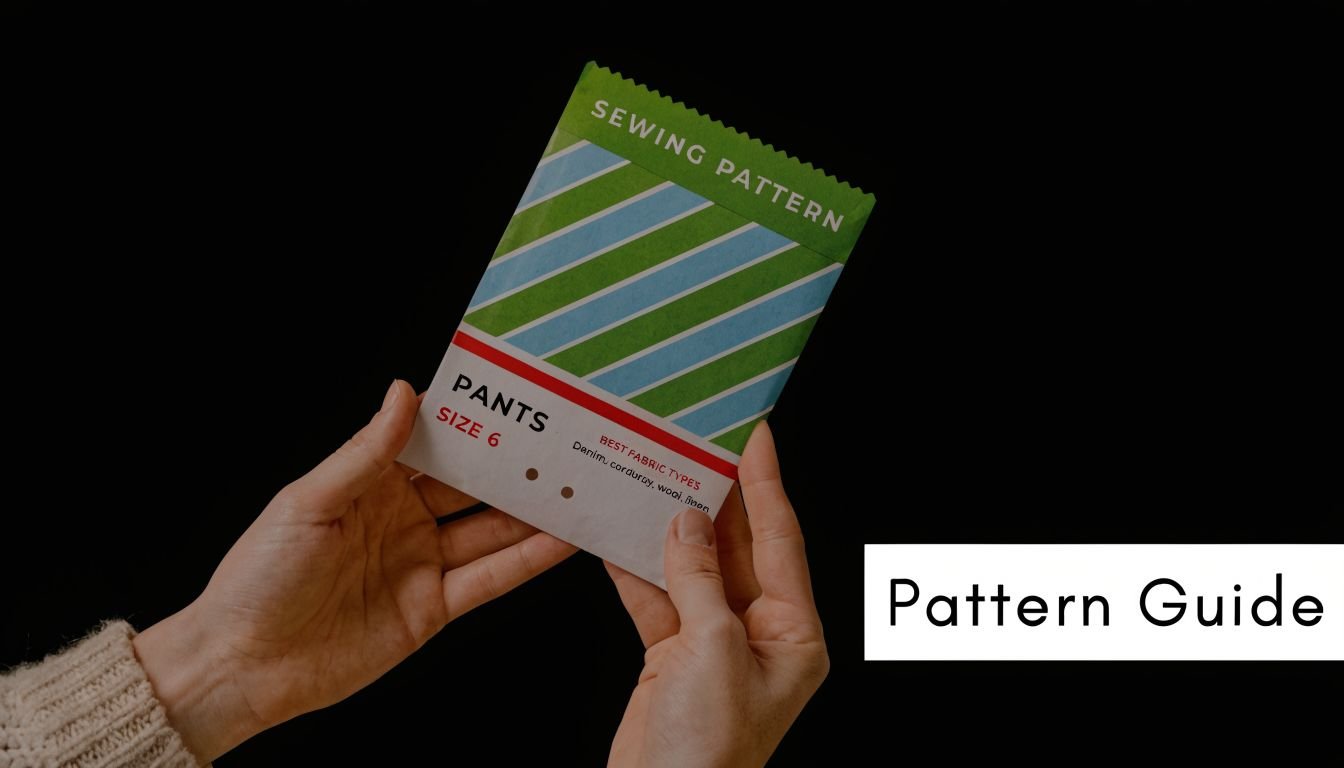 A person holds a small, green and blue striped sewing pattern packet labeled for size 6 pants.