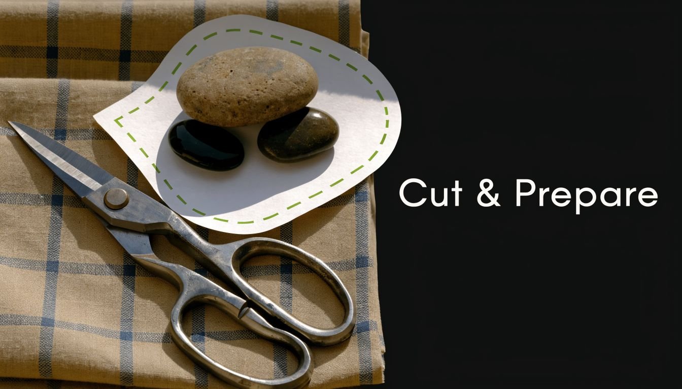A pair of metal scissors resting on a plaid fabric beside a paper cutout weighted by stones.