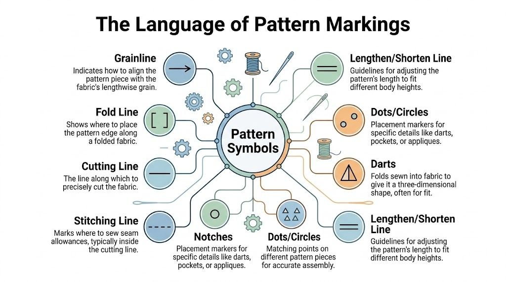 An infographic titled The Language of Pattern Markings explaining common sewing symbols, icons, and their specific meanings.