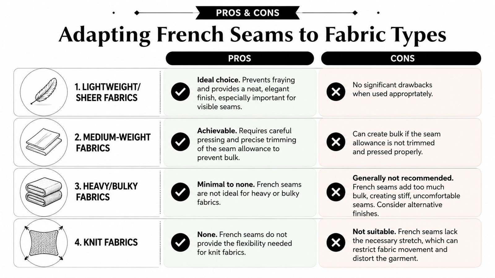 A chart illustrating the pros and cons of using French seams on different types of fabric weights.