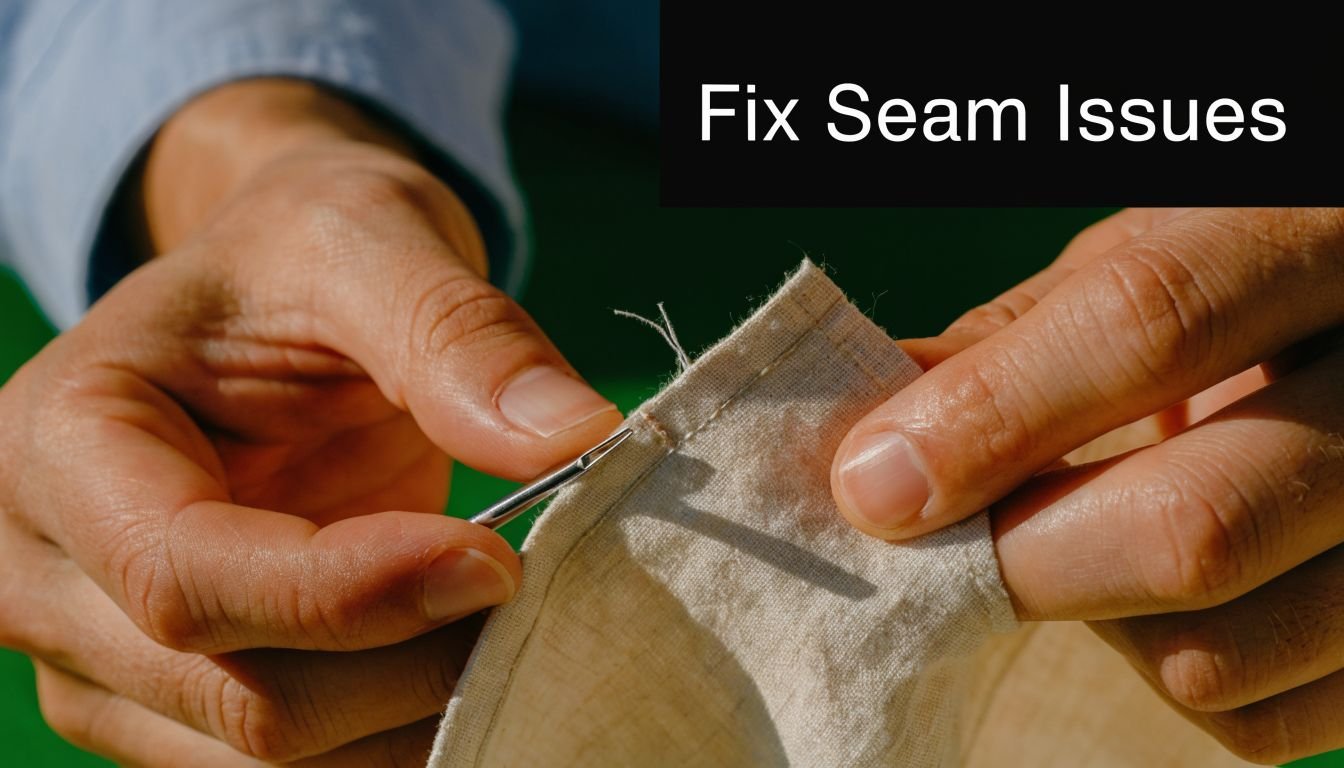 Close-up of hands using a seam ripper to remove stitches from a beige linen fabric.
