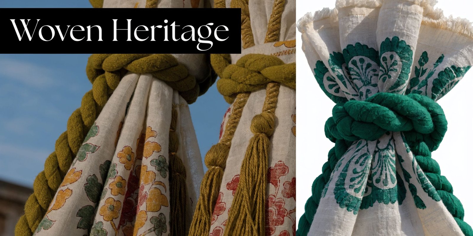 Close up of patterned block print fabrics tied with thick braided mustard and green ropes.