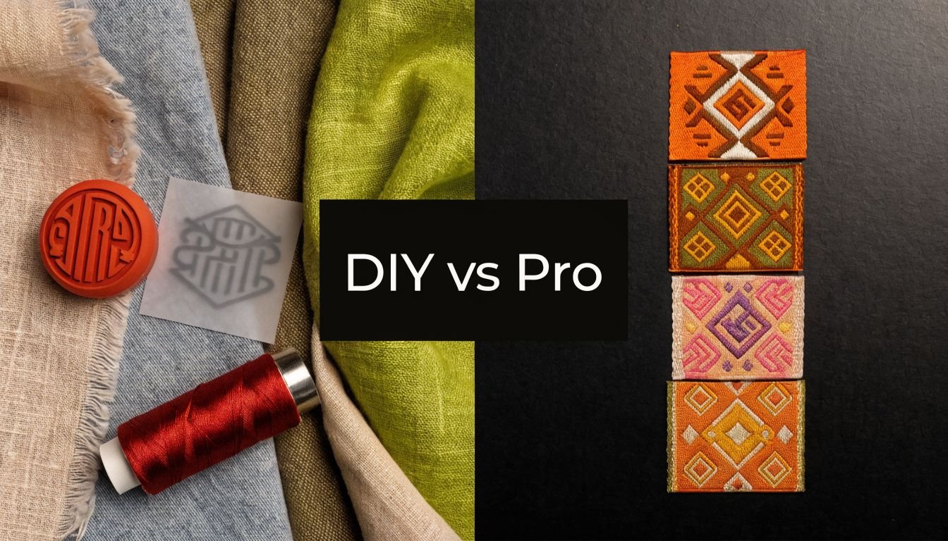 Fabric swatches, thread, a stamp, and professional embroidered patches displayed on a dark background.