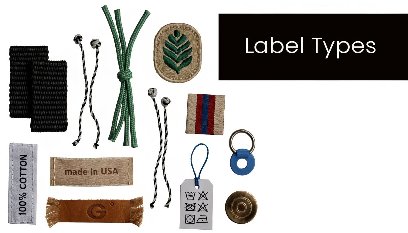 A collection of various clothing labels including woven, leather, string ties, and metal tags for sewing projects.