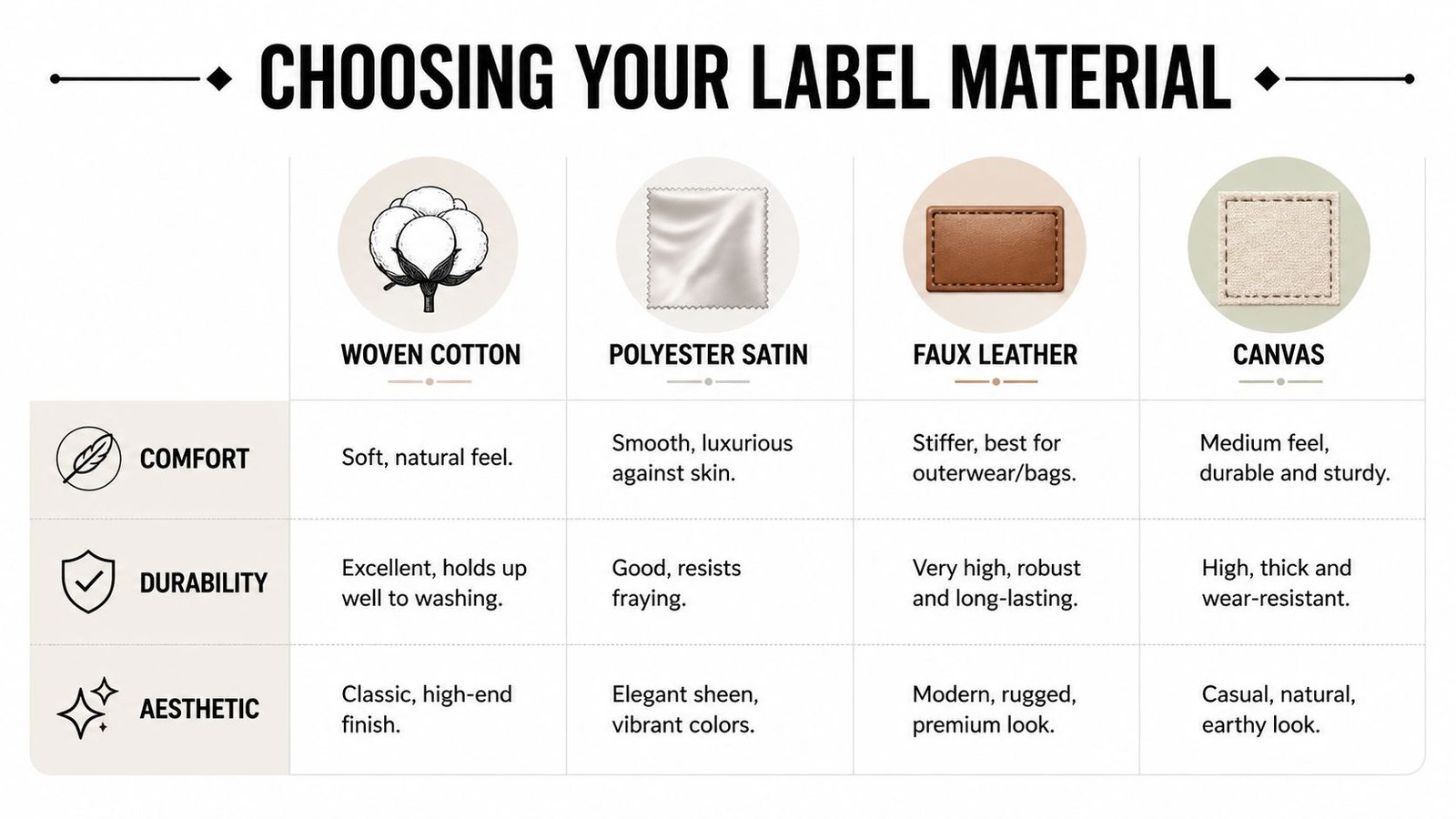 A comparison chart outlining different clothing label materials including woven cotton, polyester satin, faux leather, and canvas.