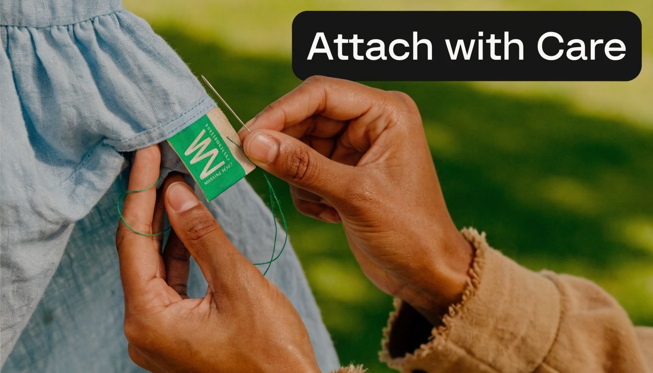 A close-up of a person's hands sewing a small green branded label onto a blue linen garment.