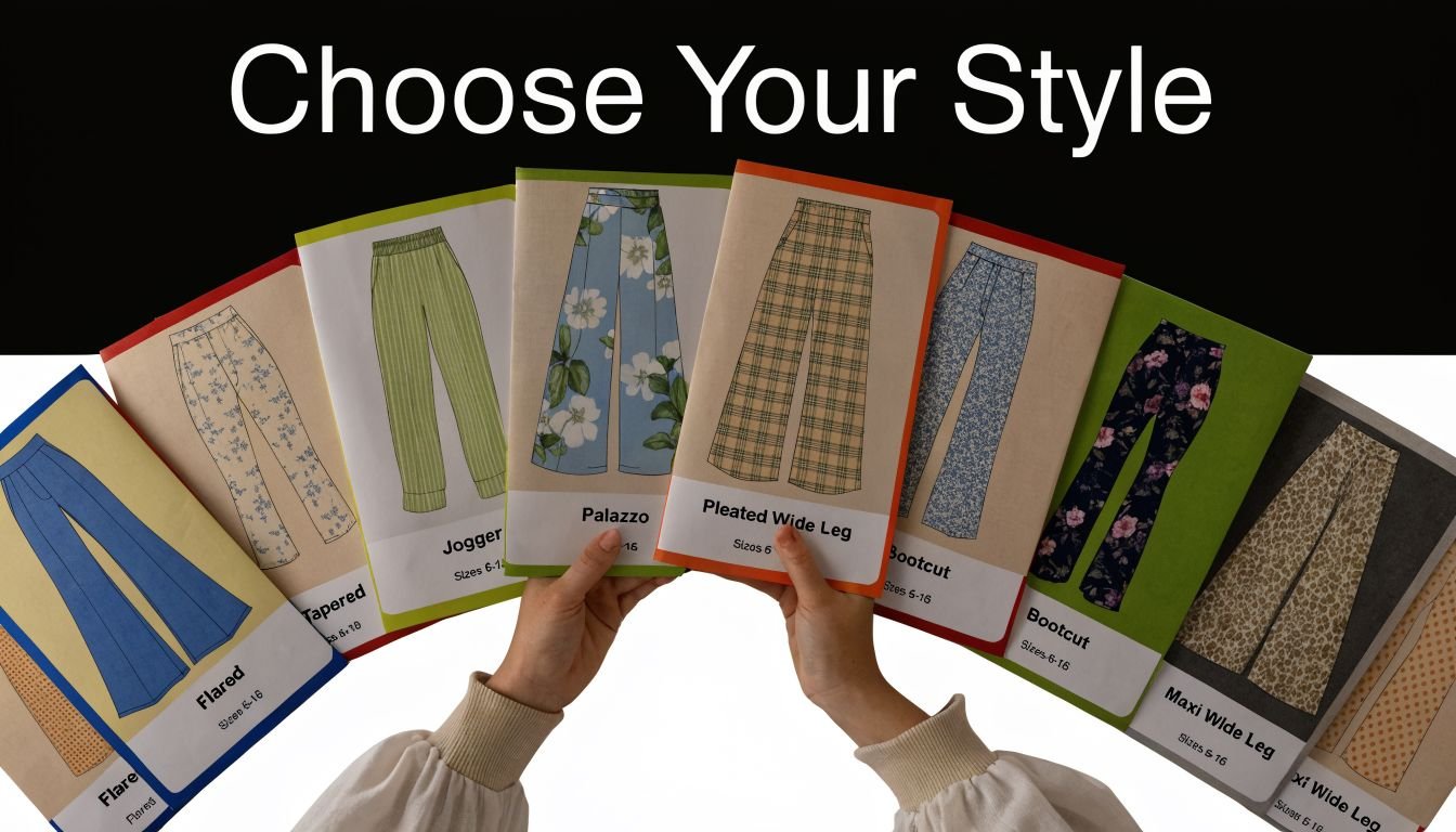 A person holding various fashion design pattern booklets showing different styles of ladies trousers and pants.