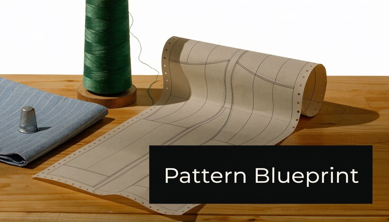 A sewing project setup on a wooden table with fabric, a green thread spool, and a pattern blueprint.
