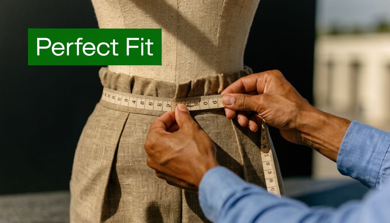 A tailor measuring the waist of a mannequin wearing beige trousers with a measuring tape.