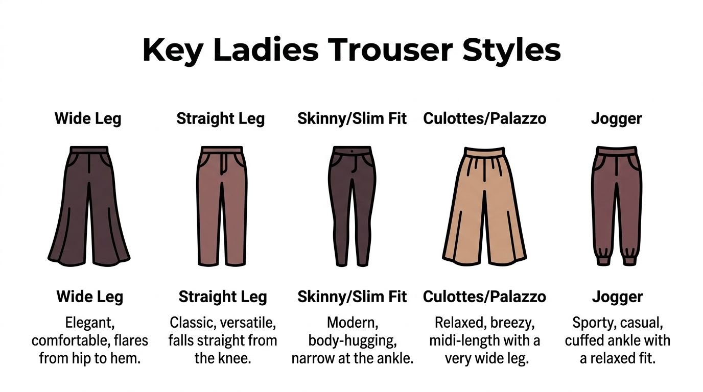 An infographic showing five styles of ladies trousers with illustrations and short descriptive text for each.