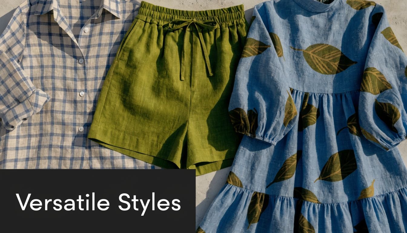 A flat lay display of a checkered shirt, green linen shorts, and a leaf-patterned blue dress.