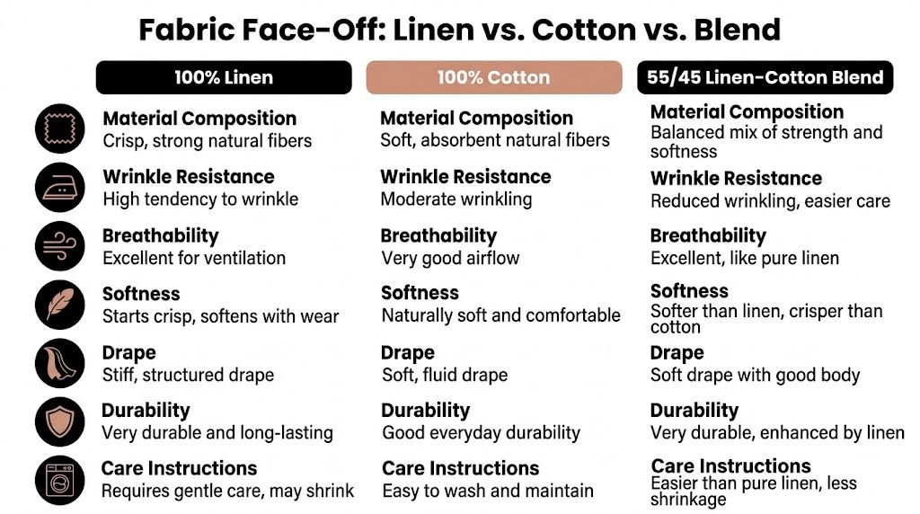 A comparison table outlining the key differences between 100% linen, 100% cotton, and a linen-cotton blend fabric.