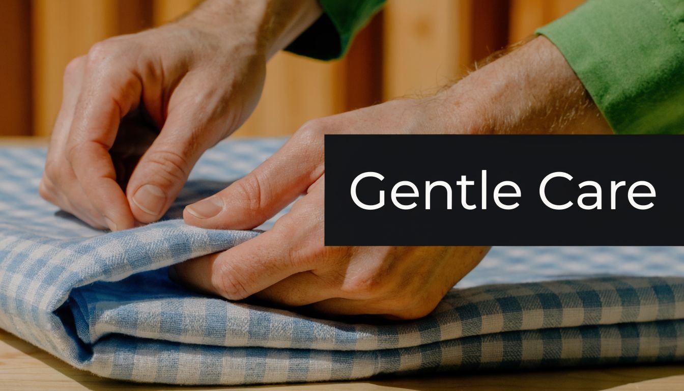 A person gently folding a blue and white checkered linen cotton fabric on a wooden surface.