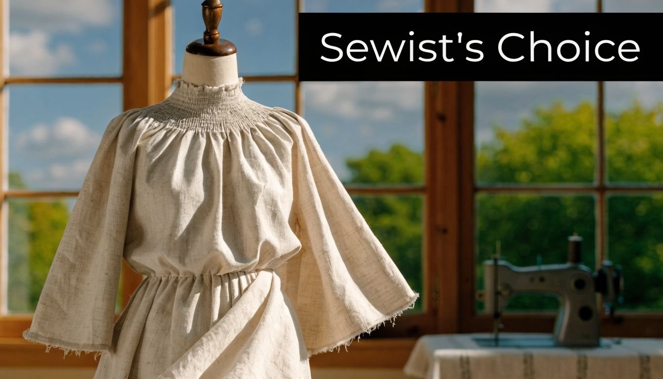 A mannequin dressed in a beige linen cotton peasant blouse standing in front of a sunny window.