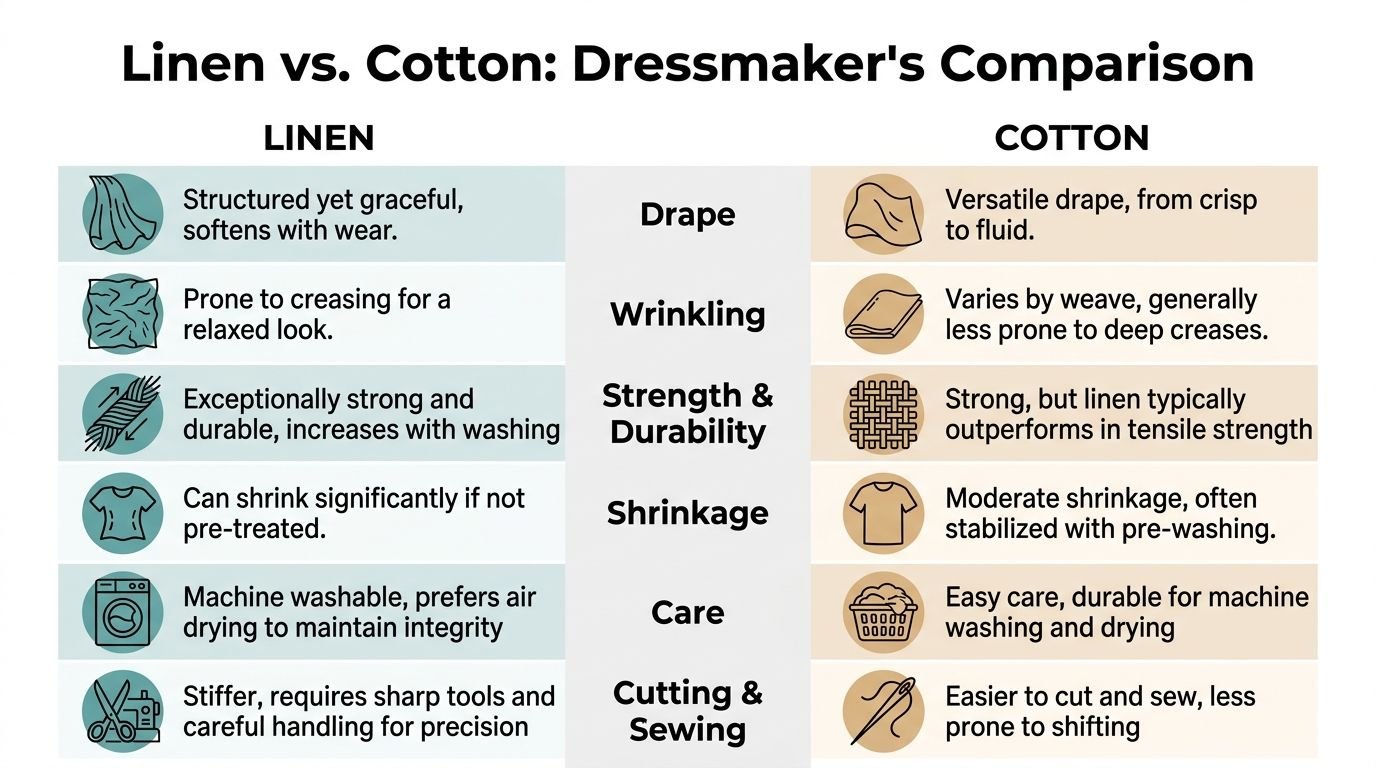 A comparison chart highlighting the differences between linen and cotton fabrics across six key categories.
