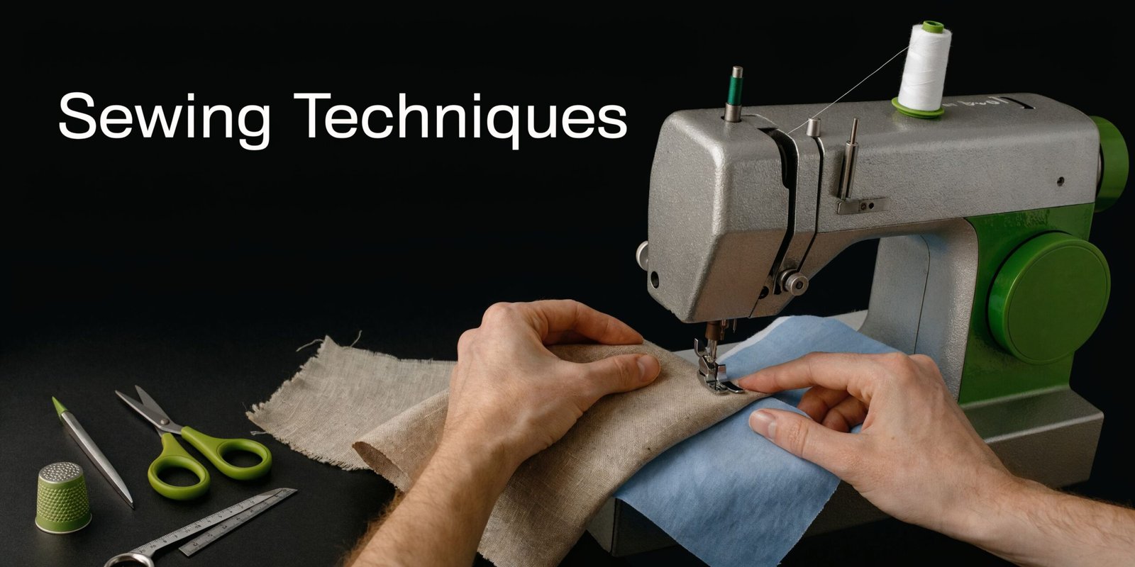 A person sewing beige linen fabric onto blue cotton material with a grey sewing machine on a table.