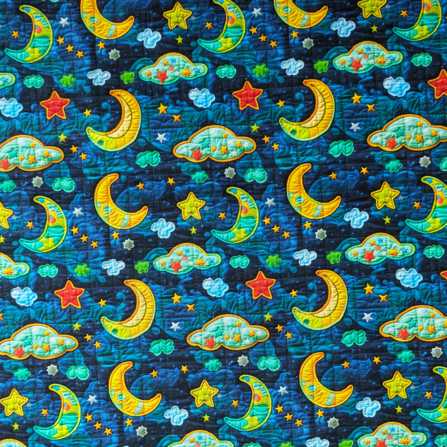 Embroidered, Quilted Night Time Digital Print Cotton Fabric 140cm Wide