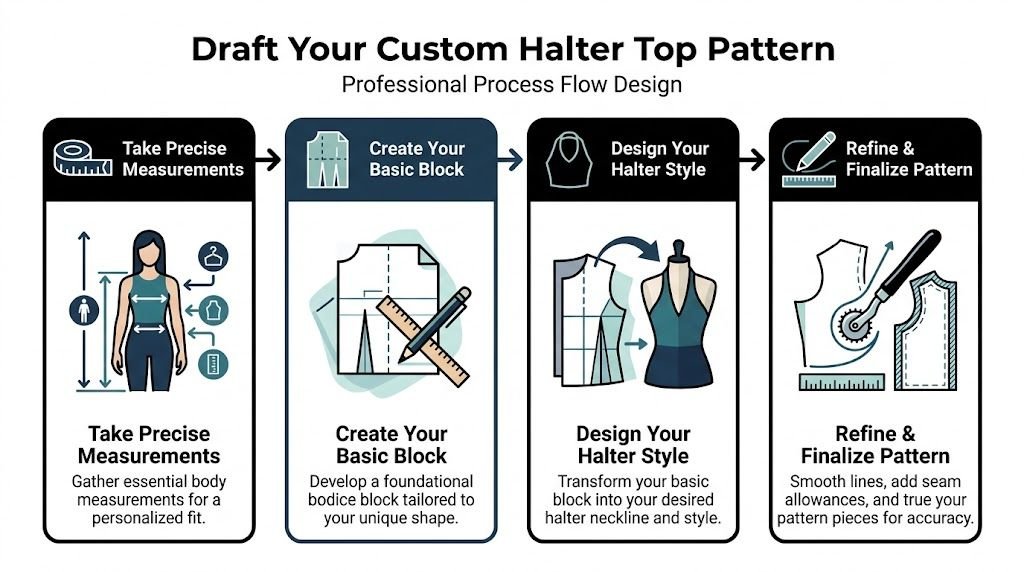 Pattern for Halter Top: A UK Sewing Guide 2 A professional process flow diagram illustrating the four steps to draft a custom halter top pattern.