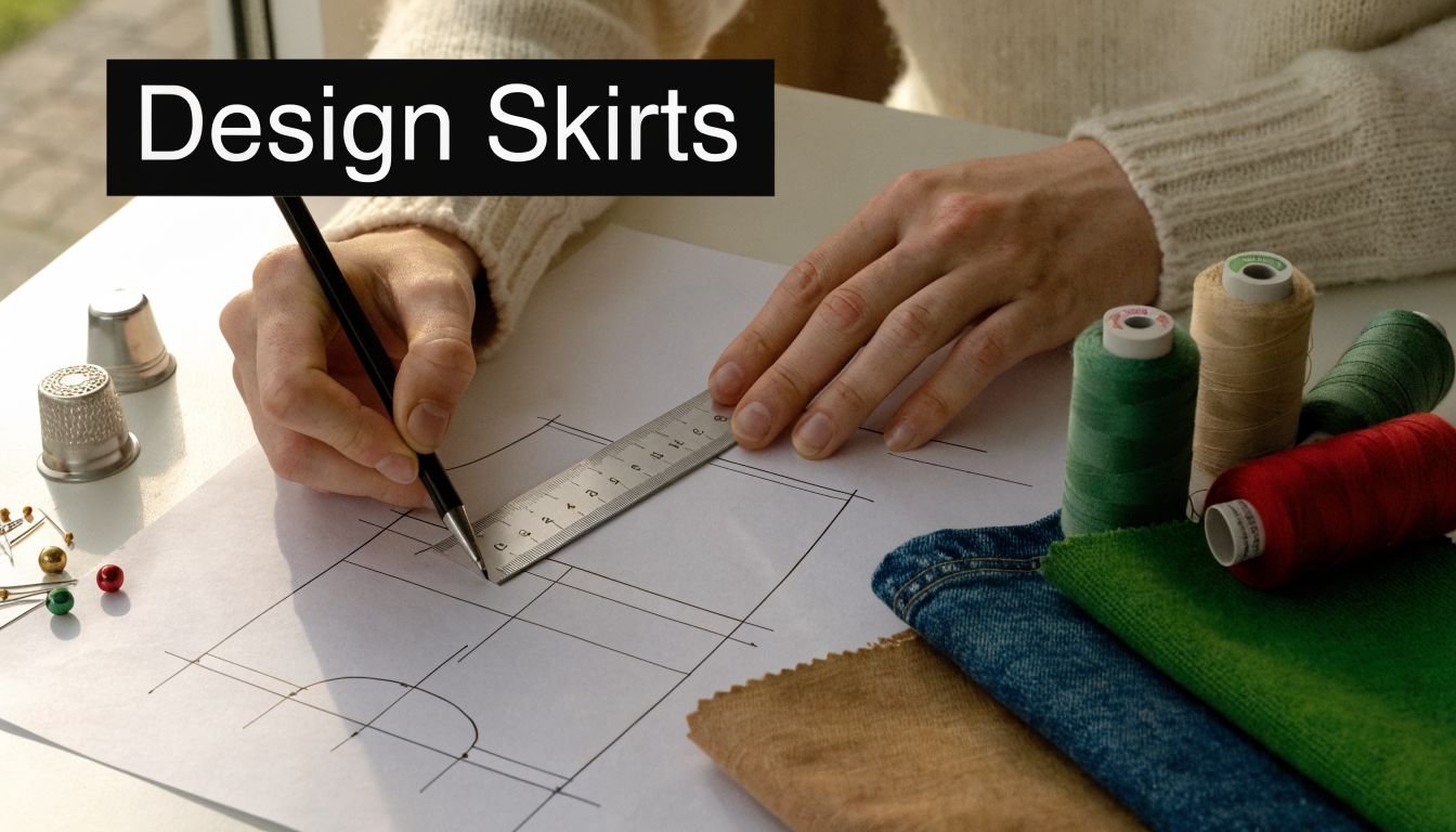 A fashion designer's hands sketching a clothing pattern on paper with a ruler, surrounded by fabric and thread.