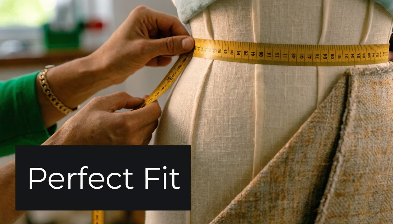 A fashion designer uses a yellow measuring tape to adjust the waist of a dress form mannequin.