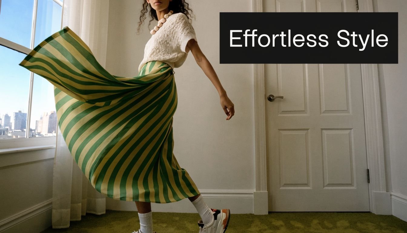 A stylish woman dancing while wearing a vibrant green and yellow striped skirt in a bright room.