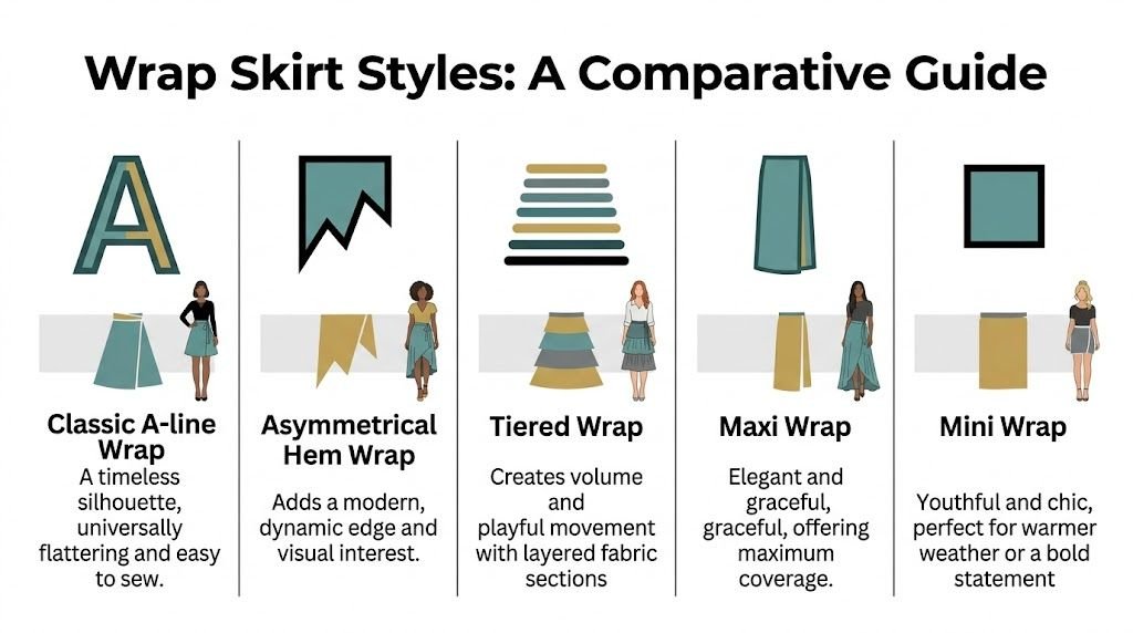 An educational guide illustrating five different wrap skirt styles, including A-line, asymmetrical, tiered, maxi, and mini.